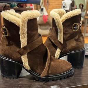 Banana Republic Brown Heeled Boots with Shearling Trim